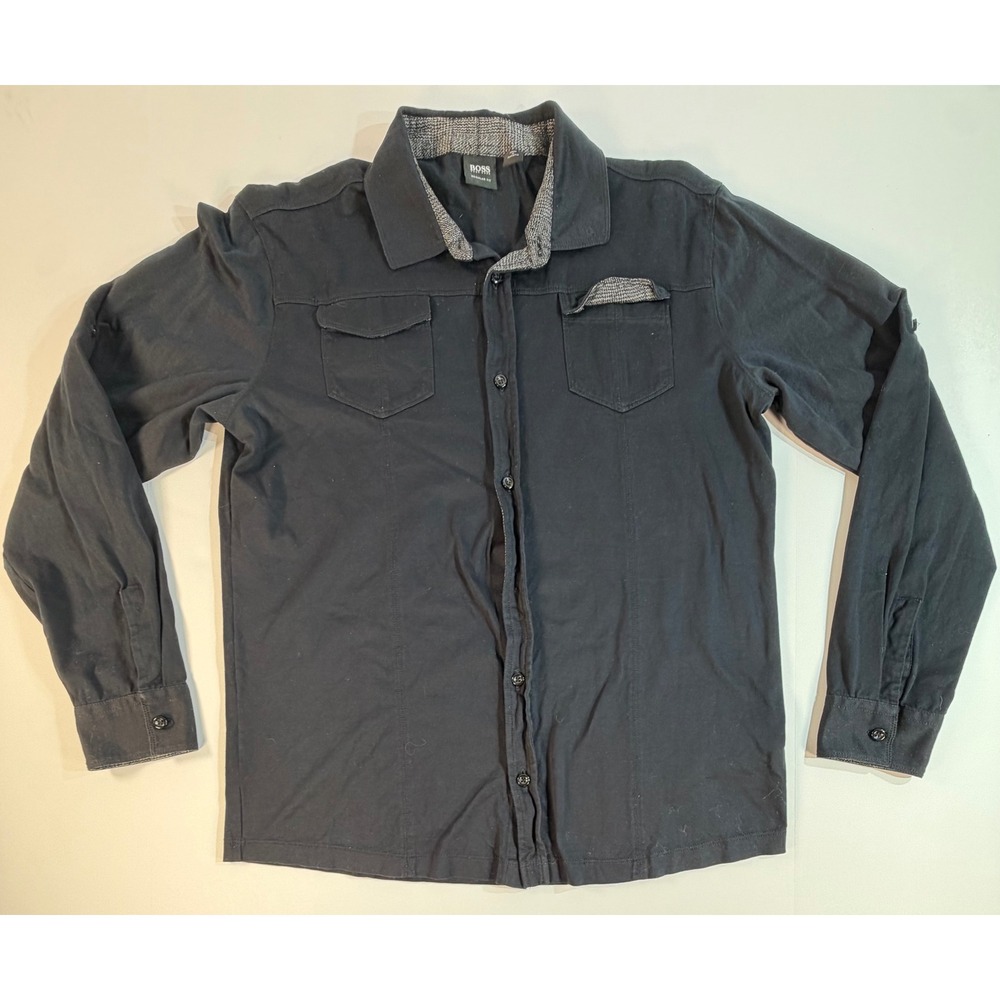 Hugo Boss Regular Fit Black Long Sleeve Button Down Shirt Mens Large Pocket